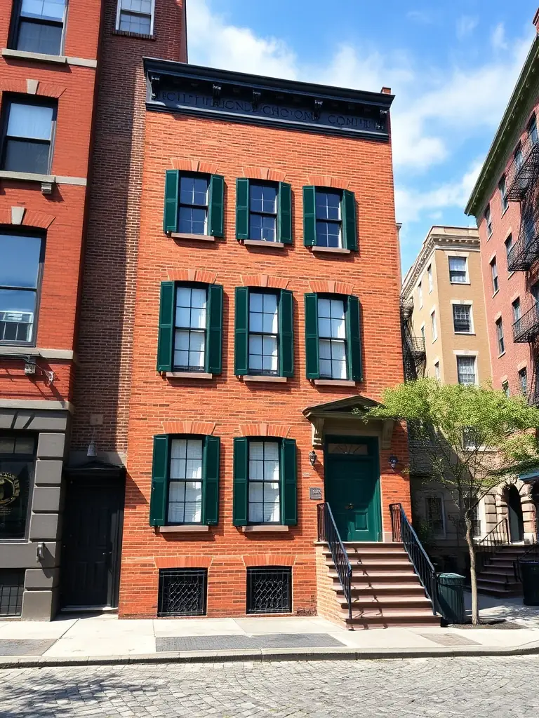 A classic NYC brownstone with newly installed exterior shutters, emphasizing their durability and historical charm.