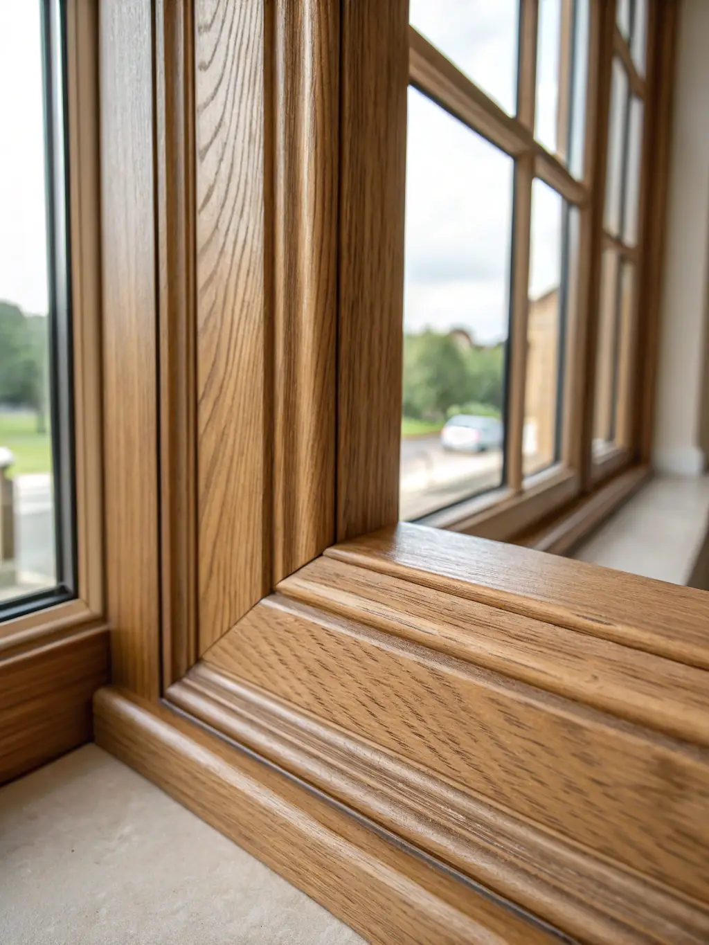 A close-up shot of custom-made wooden blinds in a modern NYC apartment, showcasing the texture and craftsmanship.