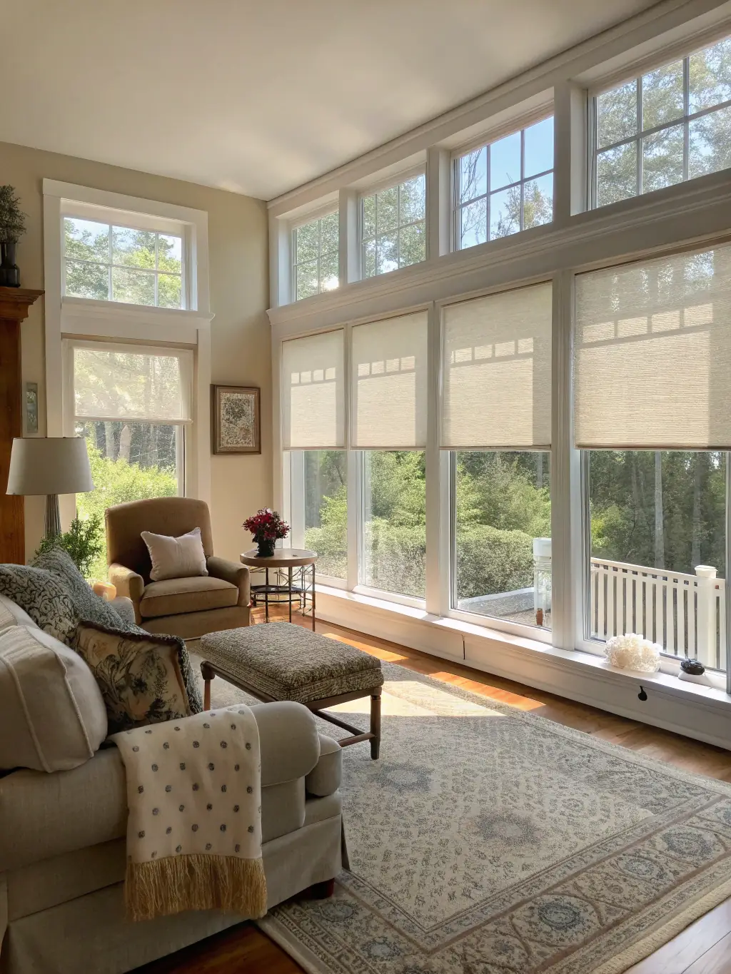 A bright and airy living room featuring stylish cellular shades, highlighting their energy-efficient design and light-filtering capabilities.